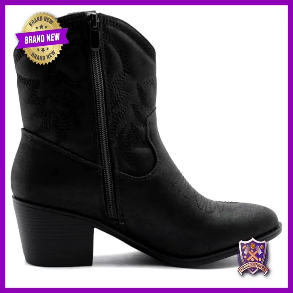 Western Cowgirl Boots Mid Calf Ankle Booties Synthetic Leather Side Zipper
